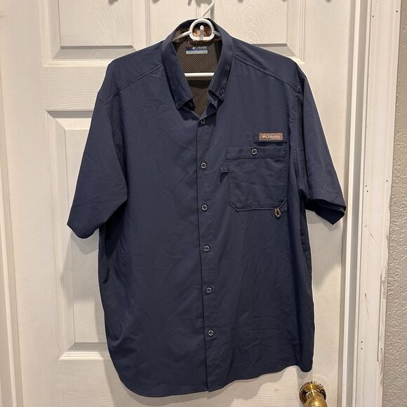 Columbia PFG Vented Fishing Short‎ Sleeve Blue Button Shirt Men L Polyester - Picture 1 of 7